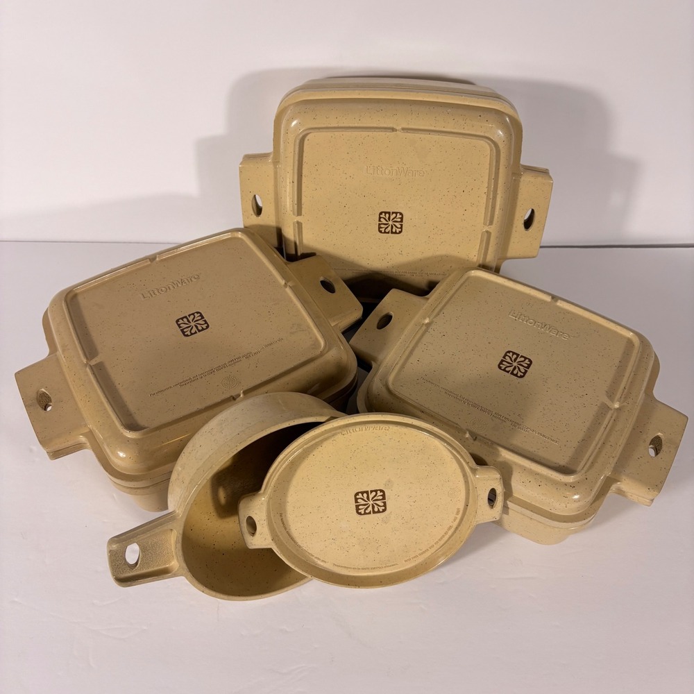 Vintage LittonWare Tan Speckled Microwave Oven Casserole Dish Simmer Pot Set 4pc